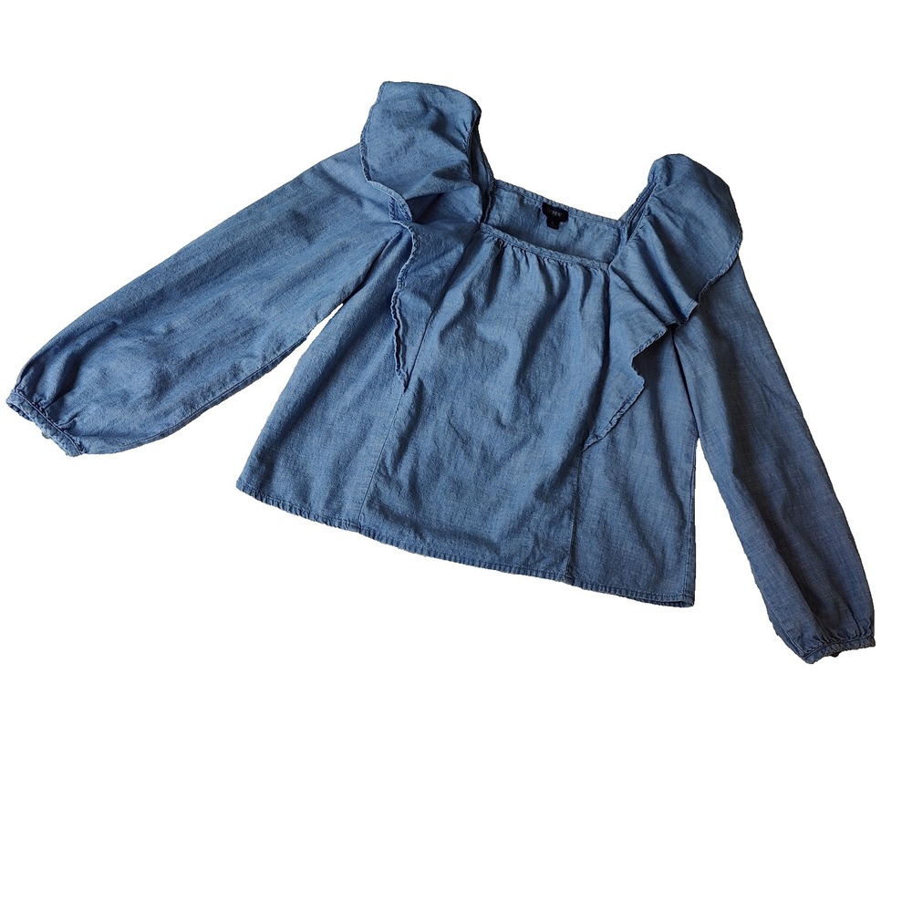 J.Crew Chambray Top Ruffle Square Neck Cottagecore Prairie Soft Womens S Cotton